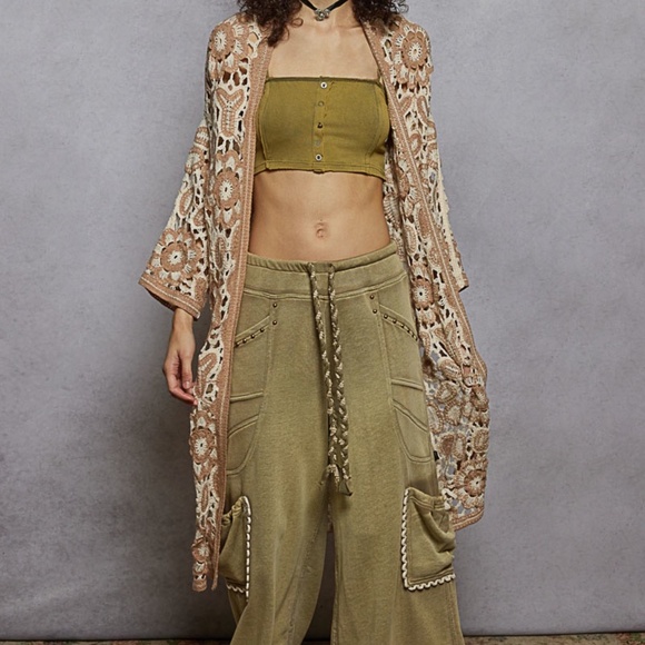 New POL Women's Brown Boho Crochet Knit One Size Open Front Duster Cardigan OS - Picture 2 of 8